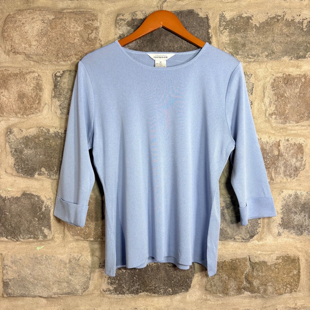 Misook Women's Light Blue Knit 3/4 Sleeve Crew Neck Top Size M Quiet Luxury